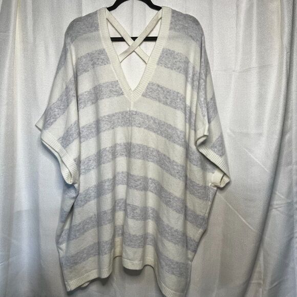 Aerie Oversized Comfy Striped Cape Sweater Criss Cross Back Gray White Size L/XL - Picture 4 of 16